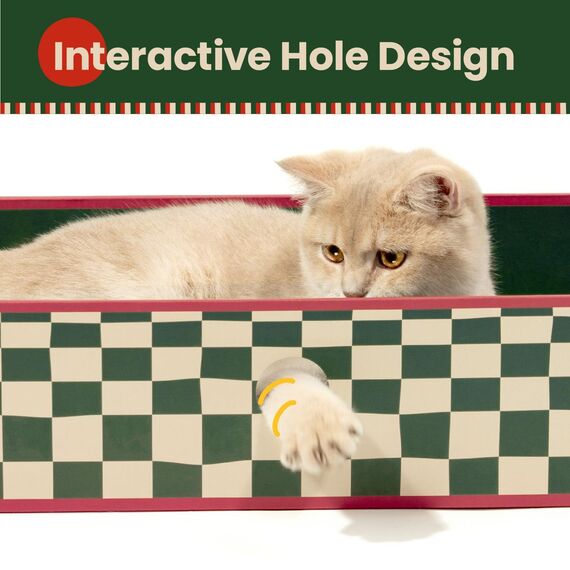 Conlun Katzen Kratzbrett mit Box, Großes Kratzmöbel, Beidseitige Kratzpappe für Katzen, Interaktive Öffnungen, Kratzbett für Wohnungskatzen, mit Katzenminze (1 Stück, Groß, Grün Kariert)