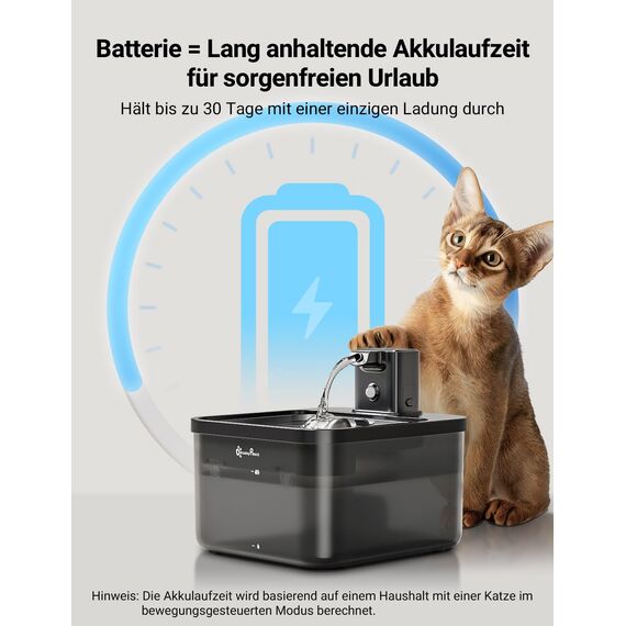 DownyPaws 2.5L Trinkbrunnen für Katze Kabellos, Katzenbrunnen Kabellos mit Bewegungsmelder und Batteriebetrieben, 4000mAh, Leise Wasserpumpe, Tablett aus Edelstahl für Katze, Schwarz mit 6 Filters