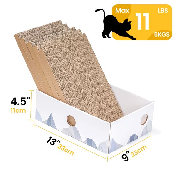 Conlun 5er-Pack Kratzbrett Katze mit Box, Beidseitige Kratzpappe für Katzen, Interaktive Öffnungen, Möbel-Schutz, Langlebig & Stabil (Mittel, Weiß)