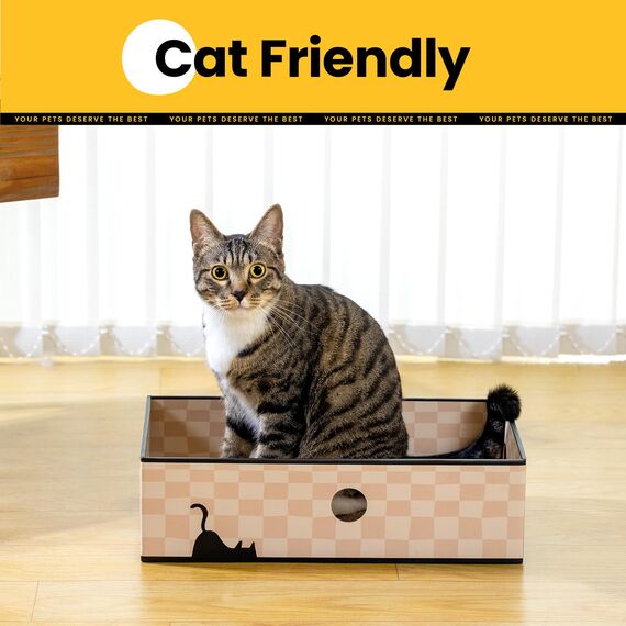 Conlun Katzen Kratzbrett mit Box, Großes Kratzmöbel, Beidseitige Kratzpappe für Katzen, Interaktive Öffnungen, Kratzbett für Wohnungskatzen, mit Katzenminze (1 Stück, Groß, Kariert)