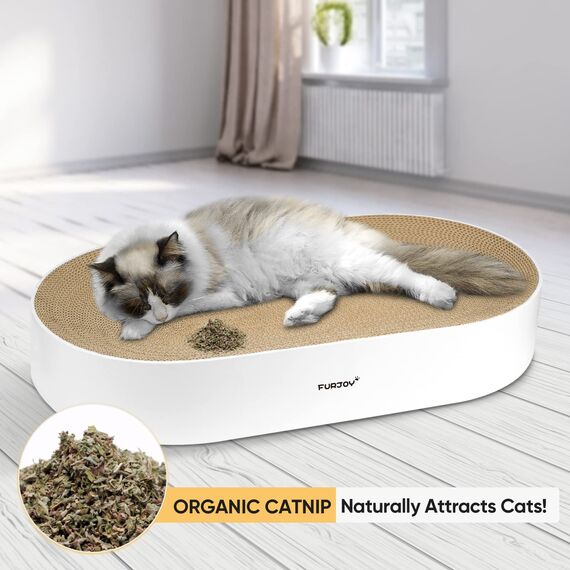 Furjoy Katzen Kratzbrett, 63 x 35 x 10 cm, Ovale Kratzmöbel, Kratzmatte, Lounge, Kratzschale für Katzen mit Katzenminze [ Home Clean Design mit Kratzbox]