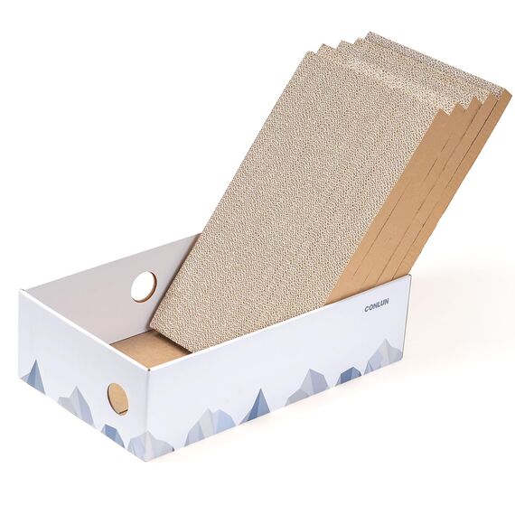 Conlun 5er-Pack Katzenkratzbox mit Katzenkratzpad, Großes Beidseitiges Design, Interaktive Öffnungen, Sauber & Langlebig, Kratzpappe für Katzen, Möbelschutz (Groß, Weiß)