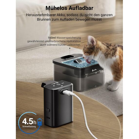 DownyPaws Katzenbrunnen Kabellos, Batteriebetriebener Trinkbrunnen für Katze mit Bewegungsmelder, 2.5L Katzentrinkbrunnen Leise Ohne Strom, Automatisch Wasserspender Katzen, Schwarz