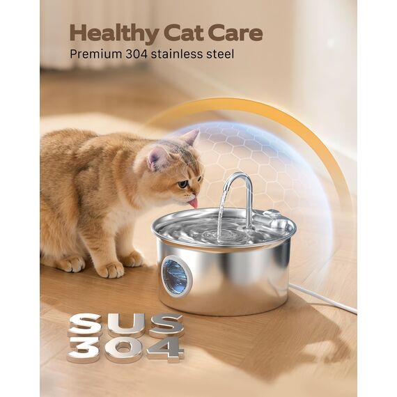 Katzenbrunnen Edelstahl Trinkbrunnen Katze: 2.6L Katzen Wasserbrunnen Leise mit Wasserstandsfenster - Automatic Katzen Brunnen Metall mit Led Licht - Angebot 6 Aktivkohlefilter Filter + 3 Sponges