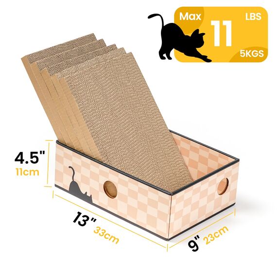 Conlun 5er-Pack Kratzbrett Katze mit Box, Beidseitige Kratzpappe für Katzen, Interaktive Öffnungen, Möbel-Schutz, Langlebig & Stabil (Mittel, Kariert)