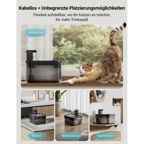 DownyPaws 2.5L Trinkbrunnen für Katze Kabellos, Katzenbrunnen Kabellos mit Bewegungsmelder, Batteriebetrieben Katzentrinkbrunnen, 4000mAh, Leise Wasserpumpe, Tablett aus Edelstahl für Katze, Schwarz