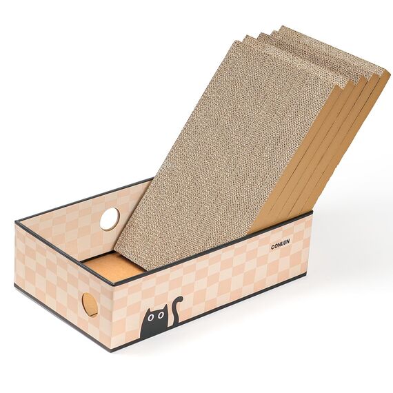 Conlun 5er-Pack Kratzbrett Katze mit Box, Großes Beidseitiges Design, Interaktive Öffnungen, Sauber & Langlebig, Kratzpappe für Katzen, Möbelschutz (Groß, Kariert)