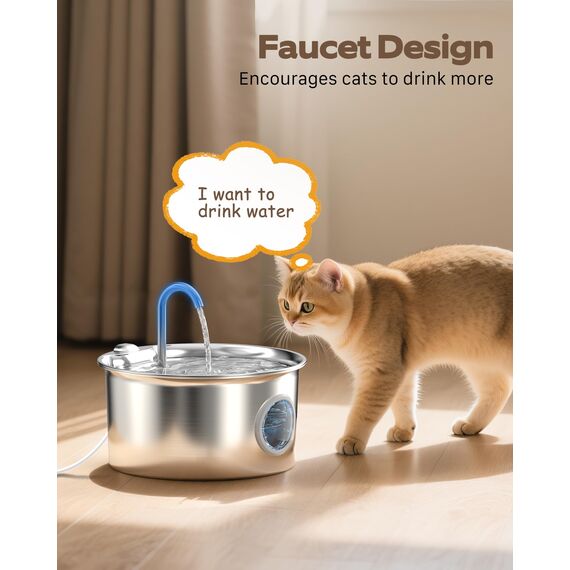Katzenbrunnen Edelstahl Trinkbrunnen für Katze: Katzen Trinkbrunnen Leise - 2.6L Automatic Katzentrinkbrunnen mit Wasserstandsfenster - Haustierbrunnen für Kleine Hunde - Mehrschichtiges Filtersystem