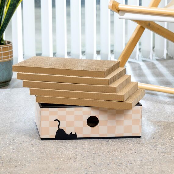 Conlun 5er-Pack Kratzbrett Katze mit Box, Beidseitige Kratzpappe für Katzen, Interaktive Öffnungen, Möbel-Schutz, Langlebig & Stabil (Mittel, Kariert)