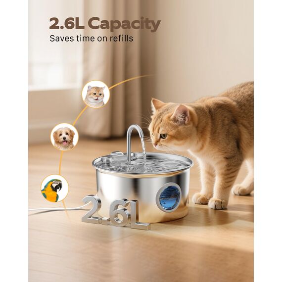Katzenbrunnen Edelstahl Trinkbrunnen Katze: 2.6L Katzen Wasserbrunnen Leise mit Wasserstandsfenster - Automatic Katzen Brunnen Metall mit Led Licht - Angebot 6 Aktivkohlefilter Filter + 3 Sponges