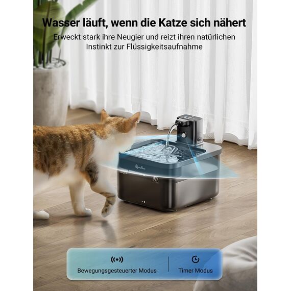 DownyPaws Katzenbrunnen Kabellos, Batteriebetriebener Trinkbrunnen für Katze mit Bewegungsmelder, 2.5L Katzentrinkbrunnen Leise Ohne Strom, Automatisch Wasserspender Katzen, Schwarz