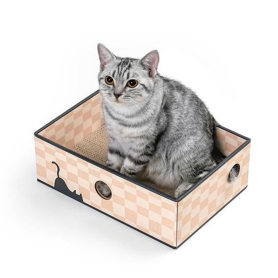 Conlun Kratzbrett Katze mit Box, Langlebige Kratzpappe für Katzen, Beidseitig Nutzbar, Interaktive Öffnungen, Sauberes Kratzmöbel für Wohnungskatzen (1 Stück, Mittel, Kariert)