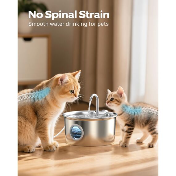 Katzenbrunnen Edelstahl Trinkbrunnen Katze: 2.6L Katzen Wasserbrunnen Leise mit Wasserstandsfenster - Automatic Katzen Brunnen Metall mit Led Licht - Angebot 6 Aktivkohlefilter Filter + 3 Sponges
