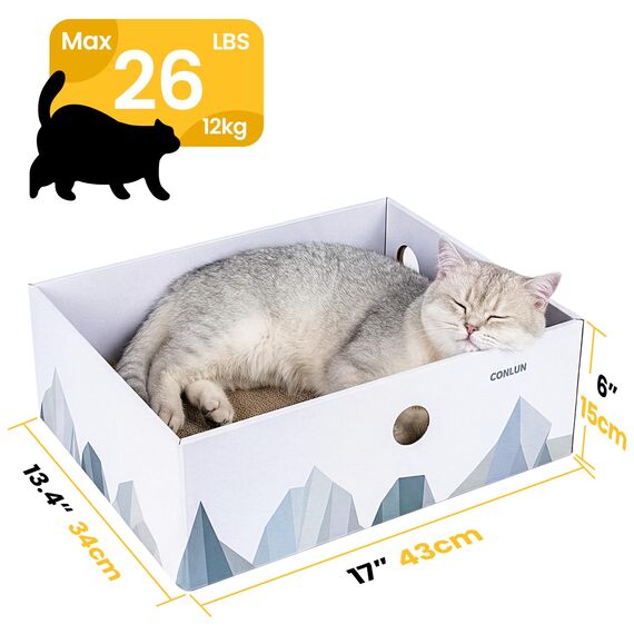 Conlun Katzen Kratzbrett mit Box, Großes Kratzmöbel, Beidseitige Kratzpappe für Katzen, Interaktive Öffnungen, Kratzbett für Wohnungskatzen, mit Katzenminze (1 Stück, Extra Groß, Weiß)