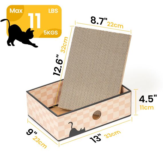 Conlun Kratzbrett Katze mit Box, Langlebige Kratzpappe für Katzen, Beidseitig Nutzbar, Interaktive Öffnungen, Sauberes Kratzmöbel für Wohnungskatzen (1 Stück, Mittel, Kariert)