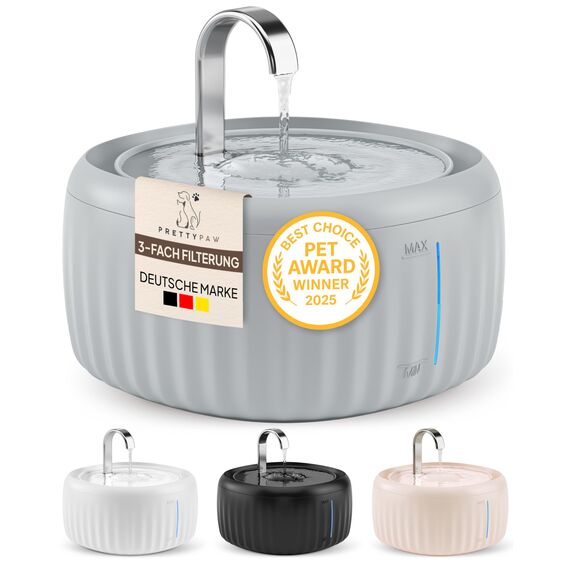 PrettyPaw Katzenbrunnen - Super leiser, BPA-freier 3L Trinkbrunnen für Katze mit LED und Aktivkohlefilter - Leicht zu reinigender Katzen Trinkbrunnen - Aqua Flow (Grau)