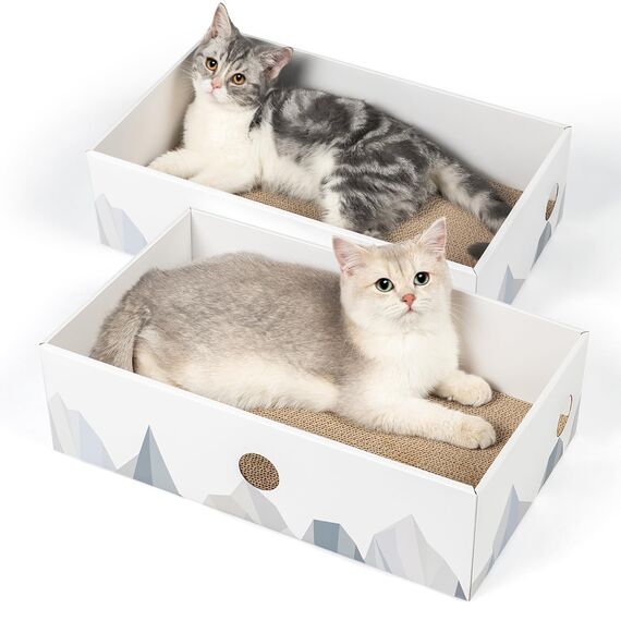 Conlun Katzen Kratzbrett mit Box, Großes Kratzmöbel, Beidseitige Kratzpappe für Katzen, Interaktive Öffnungen, Kratzbett für Wohnungskatzen, mit Katzenminze (2 Stück, Groß, Weiß)