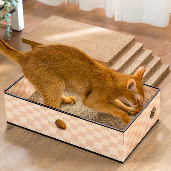 Conlun 5er-Pack Kratzbrett Katze mit Box, Beidseitige Kratzpappe für Katzen, Interaktive Öffnungen, Möbel-Schutz, Langlebig & Stabil (Mittel, Kariert)