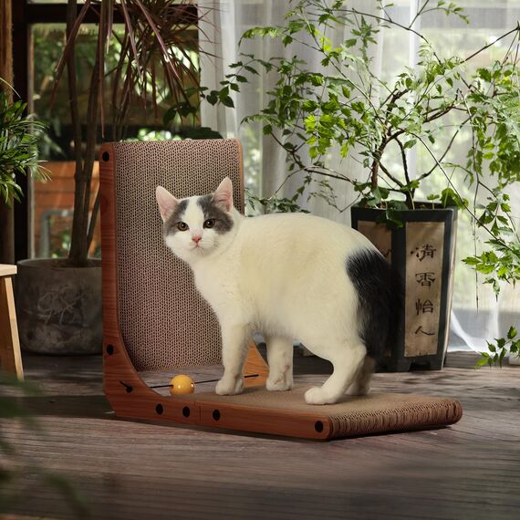 FUKUMARU Kratzbrett Katzen, 48 cm hohe L förmige Kratzpappe, widerstandsfähig Katzenkratzbrett mit Ballspielzeug, Katzen Kratzmöbel aus hochwertiger Karton für Wand und Ecke, Mittlere Größe