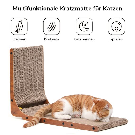 FUKUMARU Kratzbrett Katzen, 68 cm hoch L-förmige Kratzpappe aus vertikalem Karton, widerstandsfähig Katzenkratzbrett mit Ballspielzeug, Farbe Nussbaum