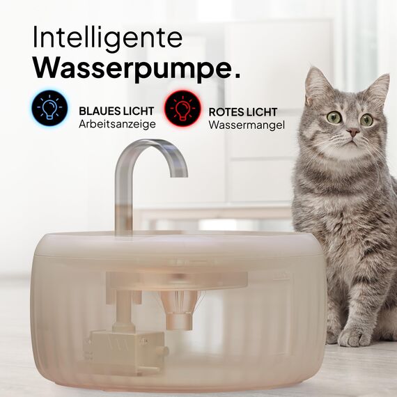 PrettyPaw Katzenbrunnen - Super leiser, BPA-freier 3L Trinkbrunnen für Katze mit LED und Aktivkohlefilter - Leicht zu reinigender Katzen Trinkbrunnen - Aqua Flow (Beige)