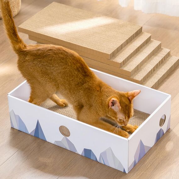 Conlun 5er-Pack Katzenkratzbox mit Katzenkratzpad, Großes Beidseitiges Design, Interaktive Öffnungen, Sauber & Langlebig, Kratzpappe für Katzen, Möbelschutz (Groß, Weiß)