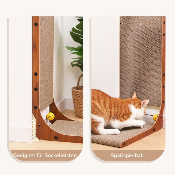 FUKUMARU Kratzbrett Katzen 2er Set, 68 cm hoch L-förmige Kratzpappe aus vertikalem Karton, widerstandsfähig Katzenkratzbrett mit Ballspielzeug, Farbe Nussbaum