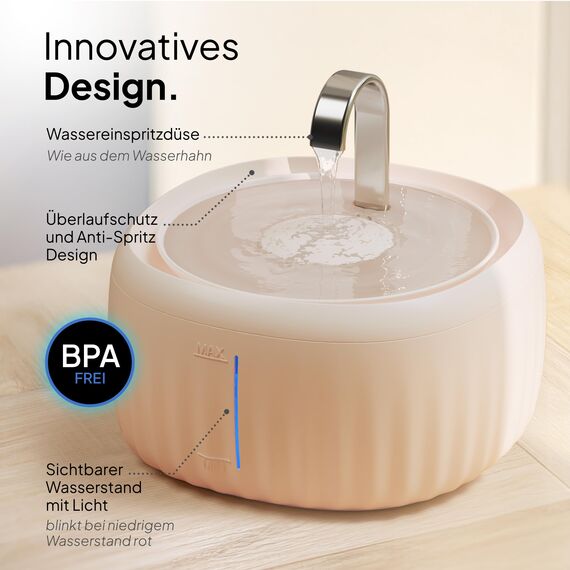 PrettyPaw Katzenbrunnen - Super leiser, BPA-freier 3L Trinkbrunnen für Katze mit LED und Aktivkohlefilter - Leicht zu reinigender Katzen Trinkbrunnen - Aqua Flow (Beige)