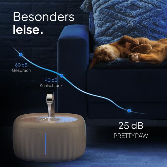 PrettyPaw Katzenbrunnen - Super leiser, BPA-freier 3L Trinkbrunnen für Katze mit LED und Aktivkohlefilter - Leicht zu reinigender Katzen Trinkbrunnen - Aqua Flow (Beige)