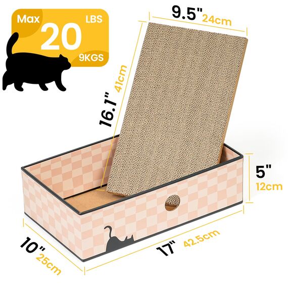 Conlun Katzen Kratzbrett mit Box, Großes Kratzmöbel, Beidseitige Kratzpappe für Katzen, Interaktive Öffnungen, Kratzbett für Wohnungskatzen, mit Katzenminze (1 Stück, Groß, Kariert)