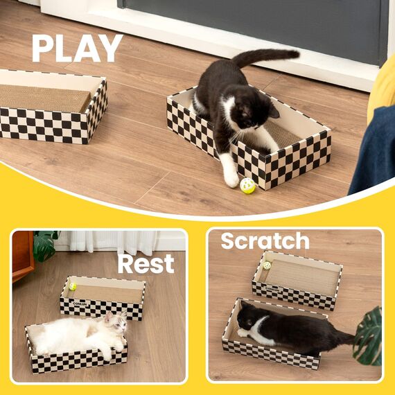 Conlun Katzenkratzbox mit 4 Kratzbretter Katze & 2 Separaten Katzen Kartons & 1 Katzenball, 2-in-1 Kratzpappe für Katzen zum Kratzen & Ausruhen, Katzenspielzeug Set