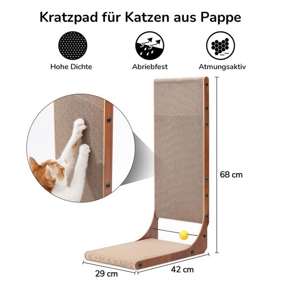 FUKUMARU Kratzbrett Katzen 2er Set, 68 cm hoch L-förmige Kratzpappe aus vertikalem Karton, widerstandsfähig Katzenkratzbrett mit Ballspielzeug, Farbe Nussbaum