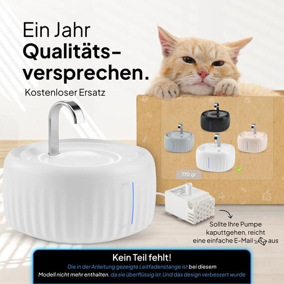 PrettyPaw Katzenbrunnen - Super leiser, BPA-freier 3L Trinkbrunnen für Katze mit LED und Aktivkohlefilter - Leicht zu reinigender Katzen Trinkbrunnen - Aqua Flow (Weiß)