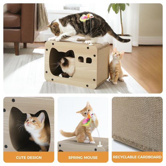 PETEPELA Kratzpappe für Katzen,Kratzpad Kratz,Wellpappe Kratzbrett, Kratzmöbel mit Spielzeug, Kratzmatte für Indoor-Katzen als Möbelschutz