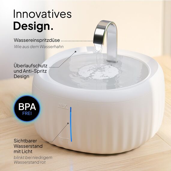 PrettyPaw Katzenbrunnen - Super leiser, BPA-freier 3L Trinkbrunnen für Katze mit LED und Aktivkohlefilter - Leicht zu reinigender Katzen Trinkbrunnen - Aqua Flow (Weiß)