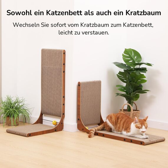 FUKUMARU Kratzbrett Katzen 2er Set, 68 cm hoch L-förmige Kratzpappe aus vertikalem Karton, widerstandsfähig Katzenkratzbrett mit Ballspielzeug, Farbe Nussbaum