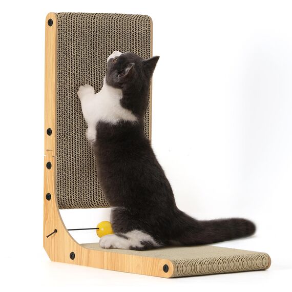 FUKUMARU Kratzbrett Katzen, 48 cm hohe L förmige Kratzpappe, widerstandsfähig Katzenkratzbrett mit Ballspielzeug, Katzen Kratzmöbel aus hochwertiger Karton für Wand und Ecke, Mittlere Größe