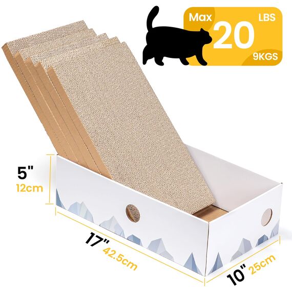 Conlun 5er-Pack Katzenkratzbox mit Katzenkratzpad, Großes Beidseitiges Design, Interaktive Öffnungen, Sauber & Langlebig, Kratzpappe für Katzen, Möbelschutz (Groß, Weiß)