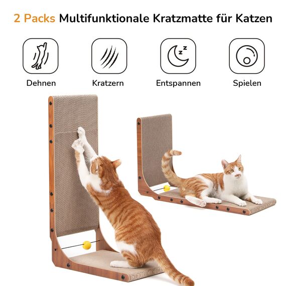 FUKUMARU Kratzbrett Katzen 2er Set, 68 cm hoch L-förmige Kratzpappe aus vertikalem Karton, widerstandsfähig Katzenkratzbrett mit Ballspielzeug, Farbe Nussbaum