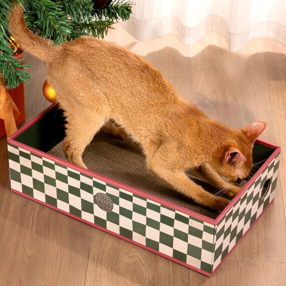 Conlun Katzen Kratzbrett mit Box, Großes Kratzmöbel, Beidseitige Kratzpappe für Katzen, Interaktive Öffnungen, Kratzbett für Wohnungskatzen, mit Katzenminze (1 Stück, Groß, Grün Kariert)