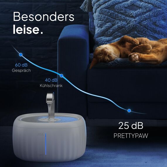 PrettyPaw Katzenbrunnen - Super leiser, BPA-freier 3L Trinkbrunnen für Katze mit LED und Aktivkohlefilter - Leicht zu reinigender Katzen Trinkbrunnen - Aqua Flow (Weiß)