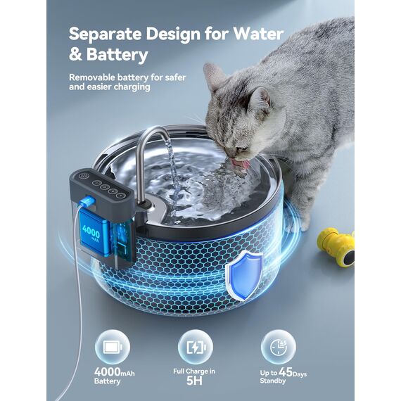 Katzenbrunnen Kabellos 3,5L-FEELNEEDY Trinkbrunnen für Katze mit Bewegungssensor-Batteriebetrieben Wasserbrunnen-4000 mAh Akkukapazität-304 Edelstahl Wasserschale-Pumpe Leise-mit 3 Filter-Schwarz
