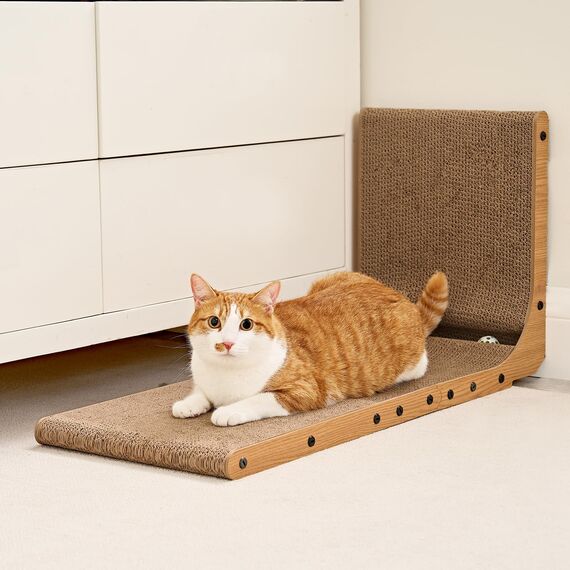 EHEYCIGA Kratzbrett Katze, 48 cm Hohe L Förmige Kratzpappe für Katzen, Hochdichtes Verschleißfestes Kratzmöbel mit Katzenspielzeug, Katzenkratzbrett für Wand und Ecke
