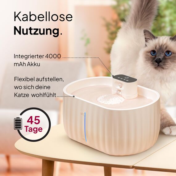 Pretty Paw Katzenbrunnen Kabellos mit Bewegungsmelder - Trinkbrunnen für Katze mit 45 Tagen Akku - Wasserbrunnen für Katzen mit Filter & 3 Liter Wassertank - Aqua Sense (Beige)