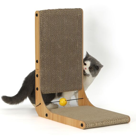 FUKUMARU Kratzbrett Katzen, 48 cm hohe L förmige Kratzpappe, widerstandsfähig Katzenkratzbrett mit Ballspielzeug, Katzen Kratzmöbel aus hochwertiger Karton für Wand und Ecke, Mittlere Größe