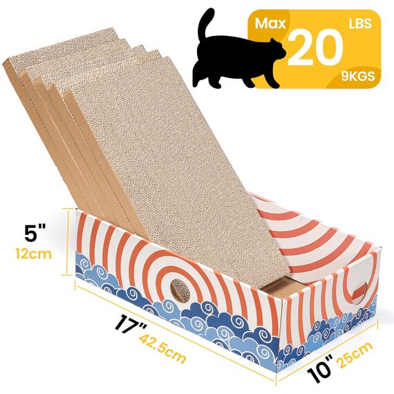 Conlun 5er-Pack Katzenkratzbox mit Katzenkratzpad, Großes Beidseitiges Design, Interaktive Öffnungen, Sauber & Langlebig, Kratzpappe für Katzen, Möbelschutz (Groß, Rot)