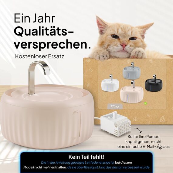 PrettyPaw Katzenbrunnen - Super leiser, BPA-freier 3L Trinkbrunnen für Katze mit LED und Aktivkohlefilter - Leicht zu reinigender Katzen Trinkbrunnen - Aqua Flow (Beige)