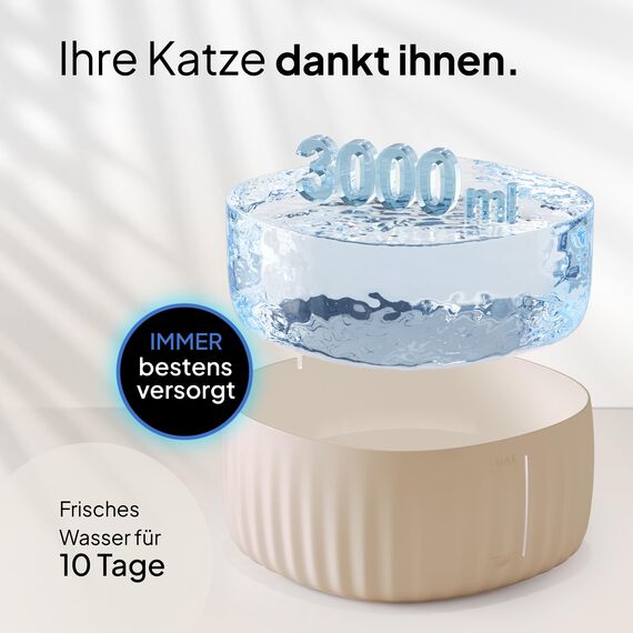 PrettyPaw Katzenbrunnen - Super leiser, BPA-freier 3L Trinkbrunnen für Katze mit LED und Aktivkohlefilter - Leicht zu reinigender Katzen Trinkbrunnen - Aqua Flow (Beige)