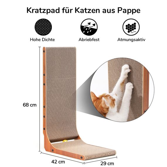 FUKUMARU Kratzbrett Katzen, 68 cm hoch L-förmige Kratzpappe aus vertikalem Karton, widerstandsfähig Katzenkratzbrett mit Ballspielzeug, Farbe Nussbaum