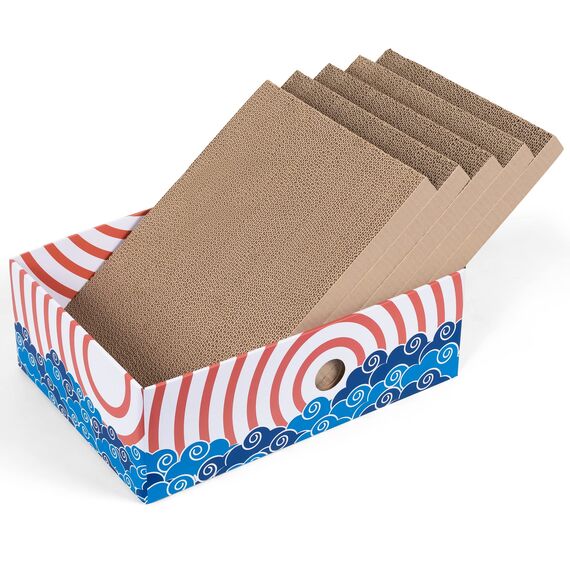 Conlun 5er-Pack Katzenkratzbox mit Katzenkratzpad, Großes Beidseitiges Design, Interaktive Öffnungen, Sauber & Langlebig, Kratzpappe für Katzen, Möbelschutz (Groß, Rot)